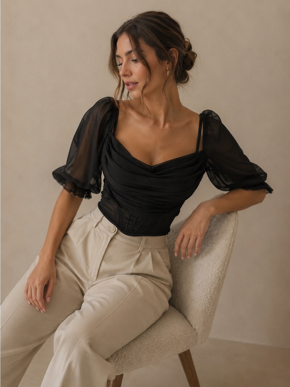 Misguided Sheer Puff Sleeve Black Women's Top - Elegant Ruched Bodice Size 4